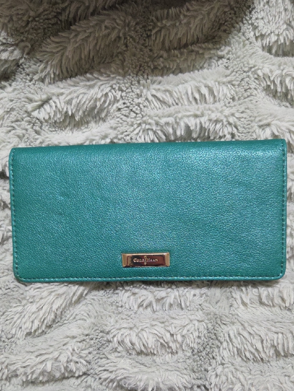 Cole Haan Teal Leather Continental Wallet with Gold Plaque